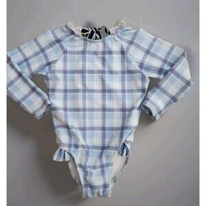 MINNOW Girls' Rash‎ Guard One-Piece Swimsuit in Plaid Blue Back Bow Size 2T